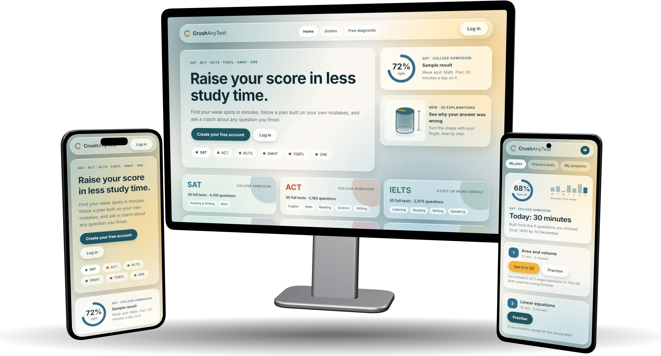 CrushAnyTest on a desktop, an iPhone and an Android phone